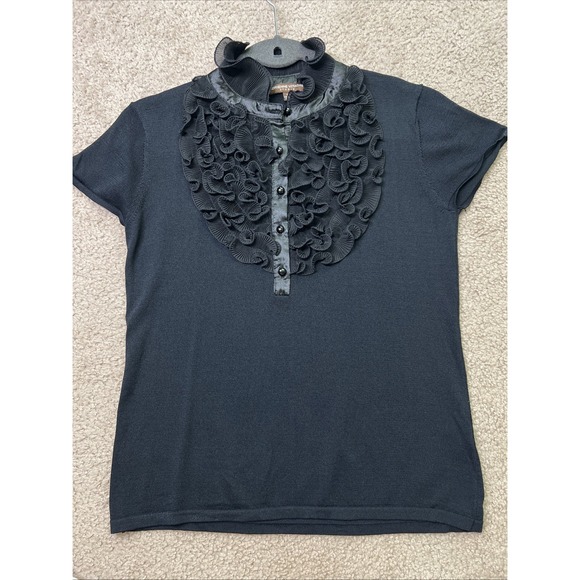 Victorian 1890' Ruffled Bib High Neck Black Romantic Short Sleeves Top Size S - Picture 1 of 8